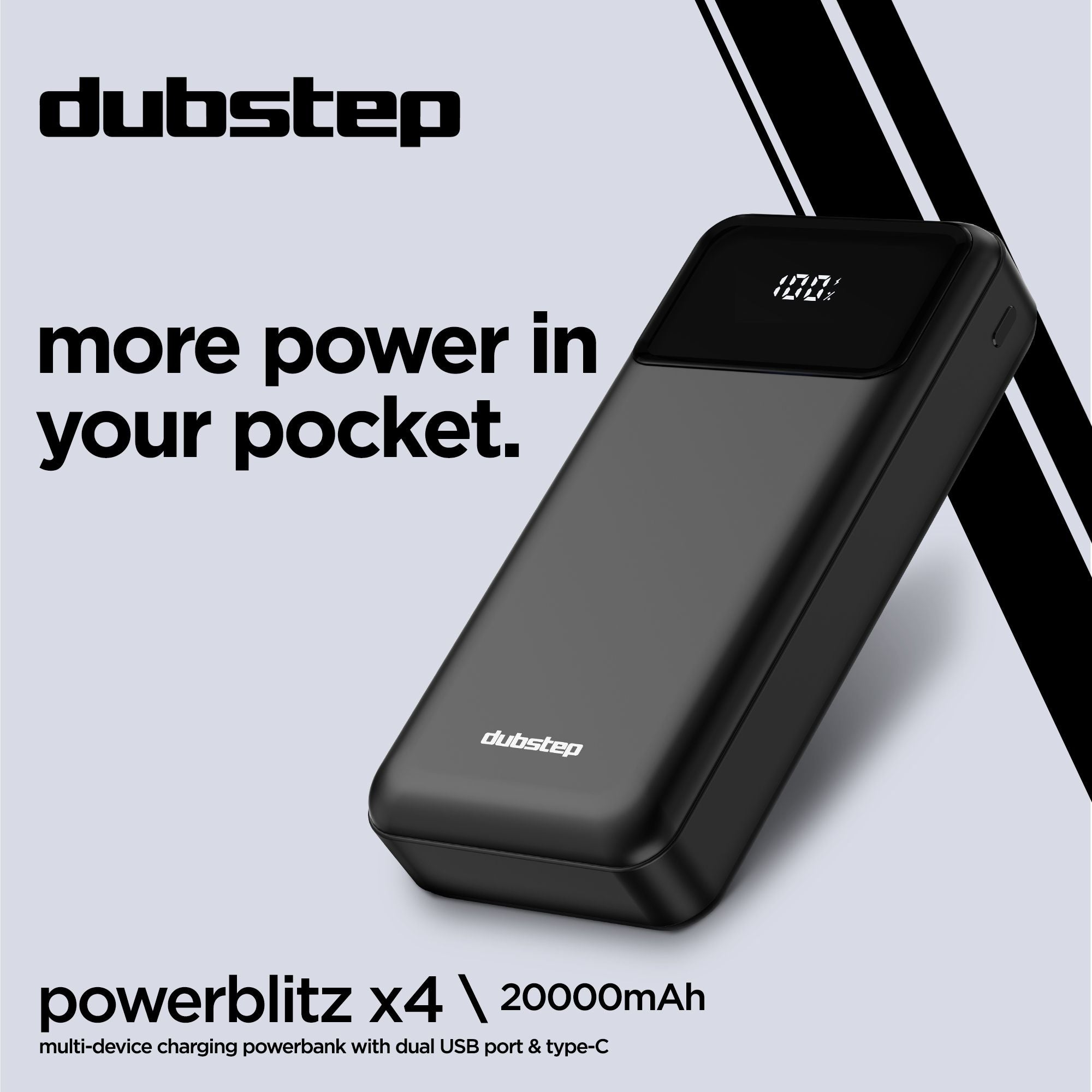 Powerblitz X4 multi-device charging powerbank with dual USB port & type-c