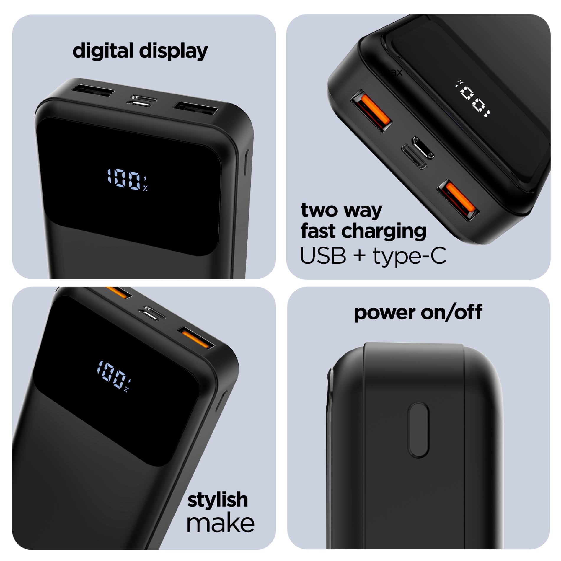 Powerblitz X4 multi-device charging powerbank with dual USB port & type-c