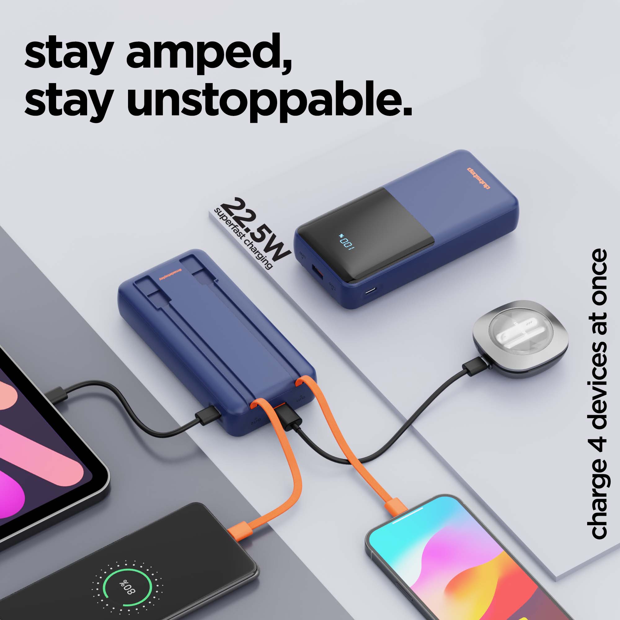 Powerblitz X5 built-in type-C and type-L cables, with both USB-A and type-C ports