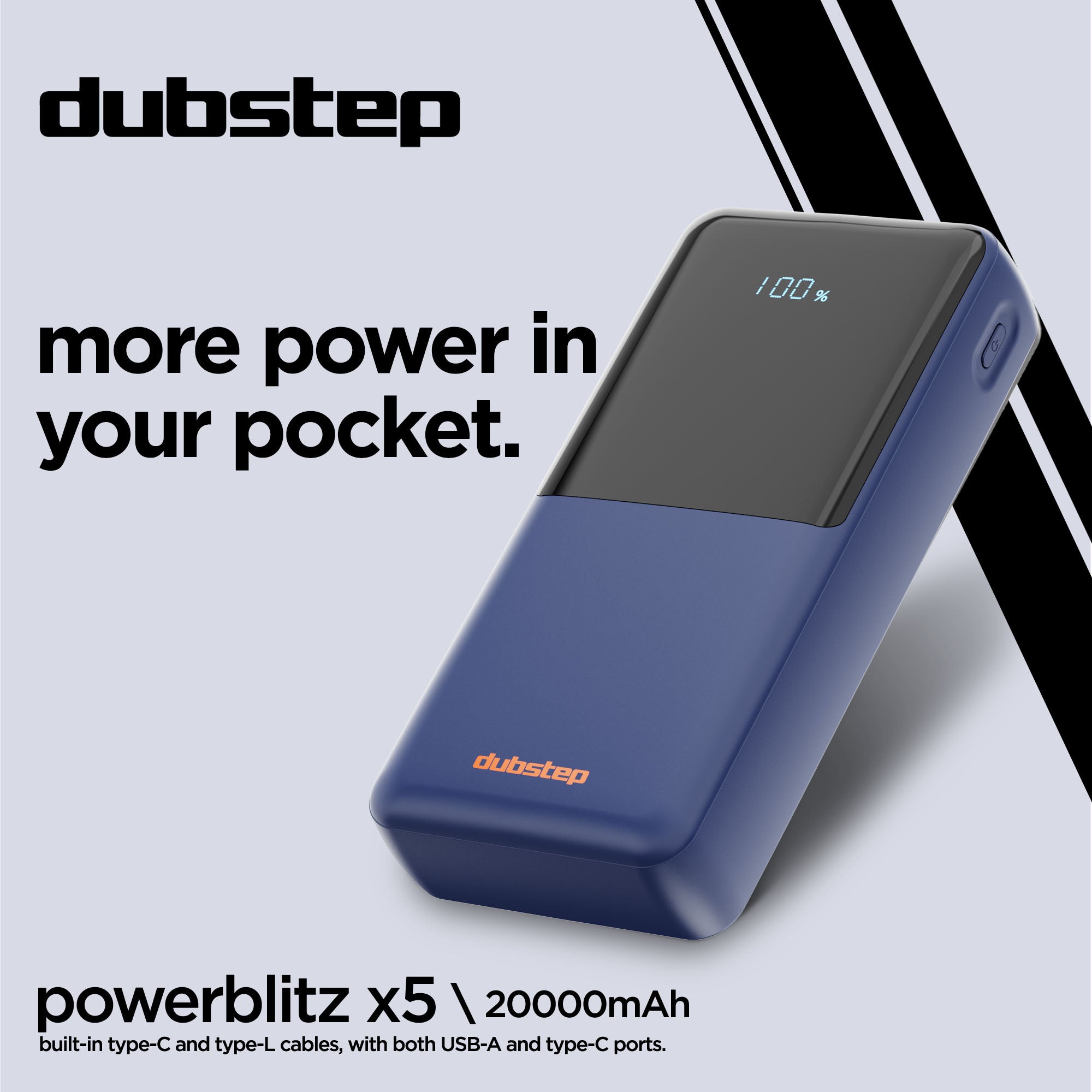 Powerblitz X5 built-in type-C and type-L cables, with both USB-A and type-C ports