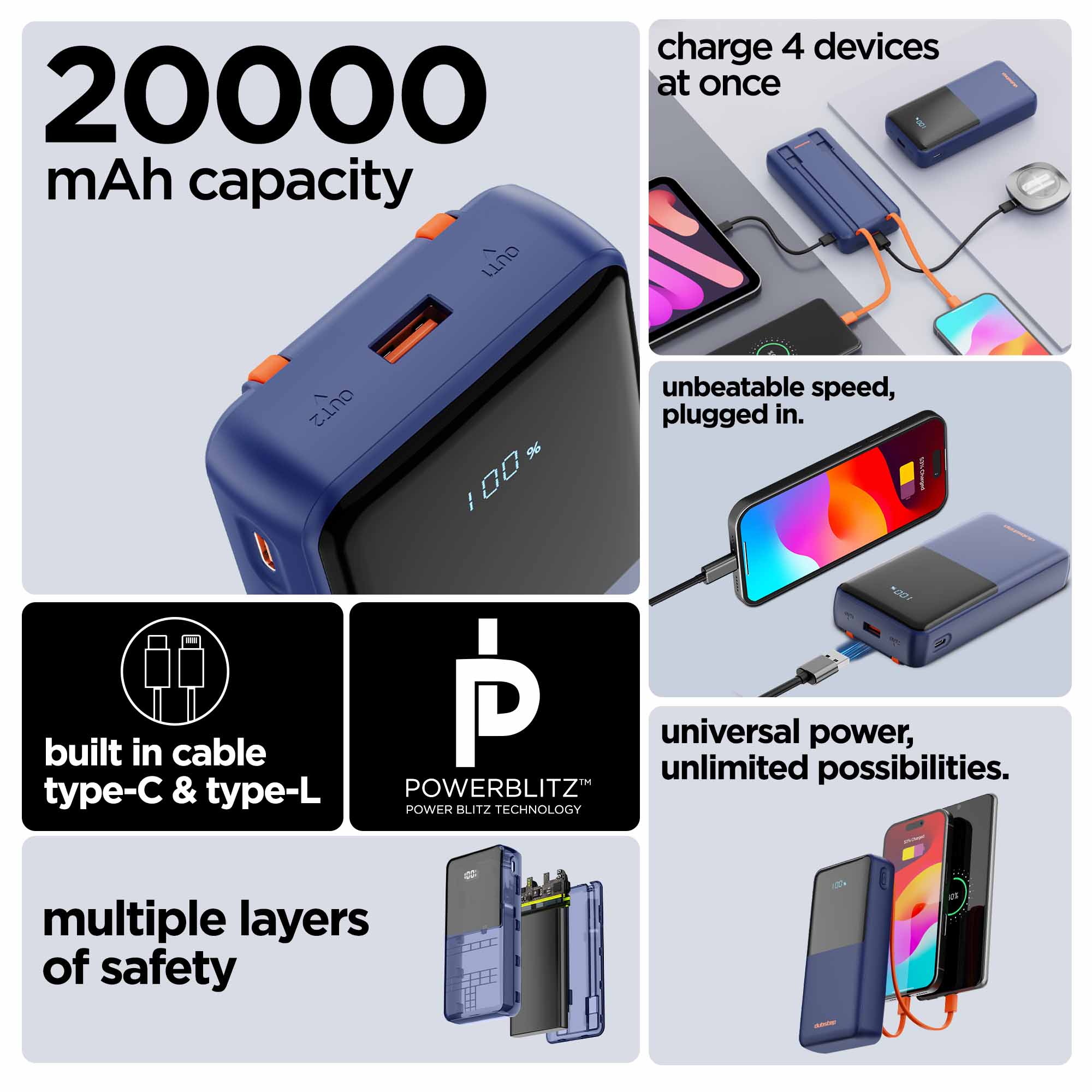 Powerblitz X5 built-in type-C and type-L cables, with both USB-A and type-C ports