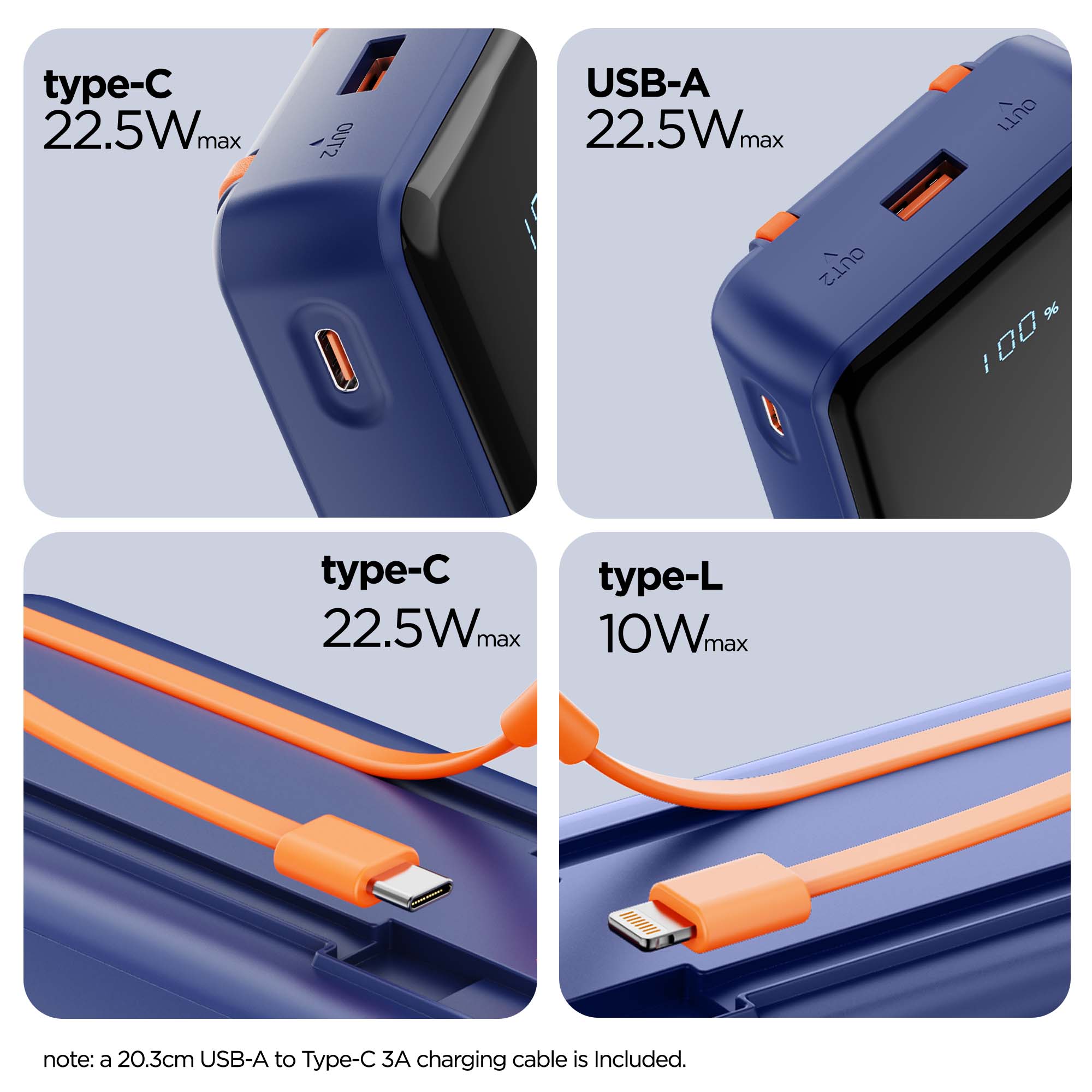 Powerblitz X5 built-in type-C and type-L cables, with both USB-A and type-C ports