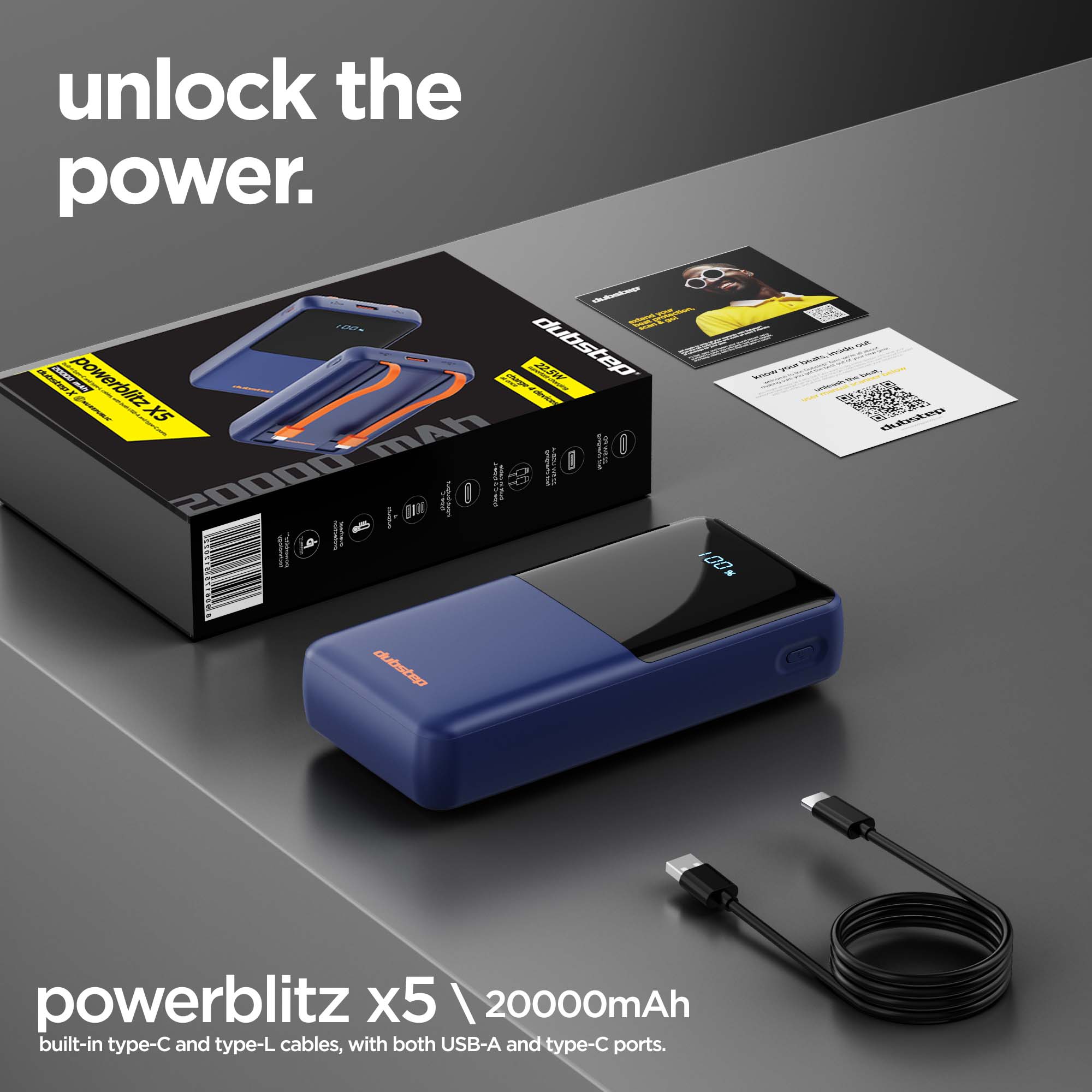 Powerblitz X5 built-in type-C and type-L cables, with both USB-A and type-C ports
