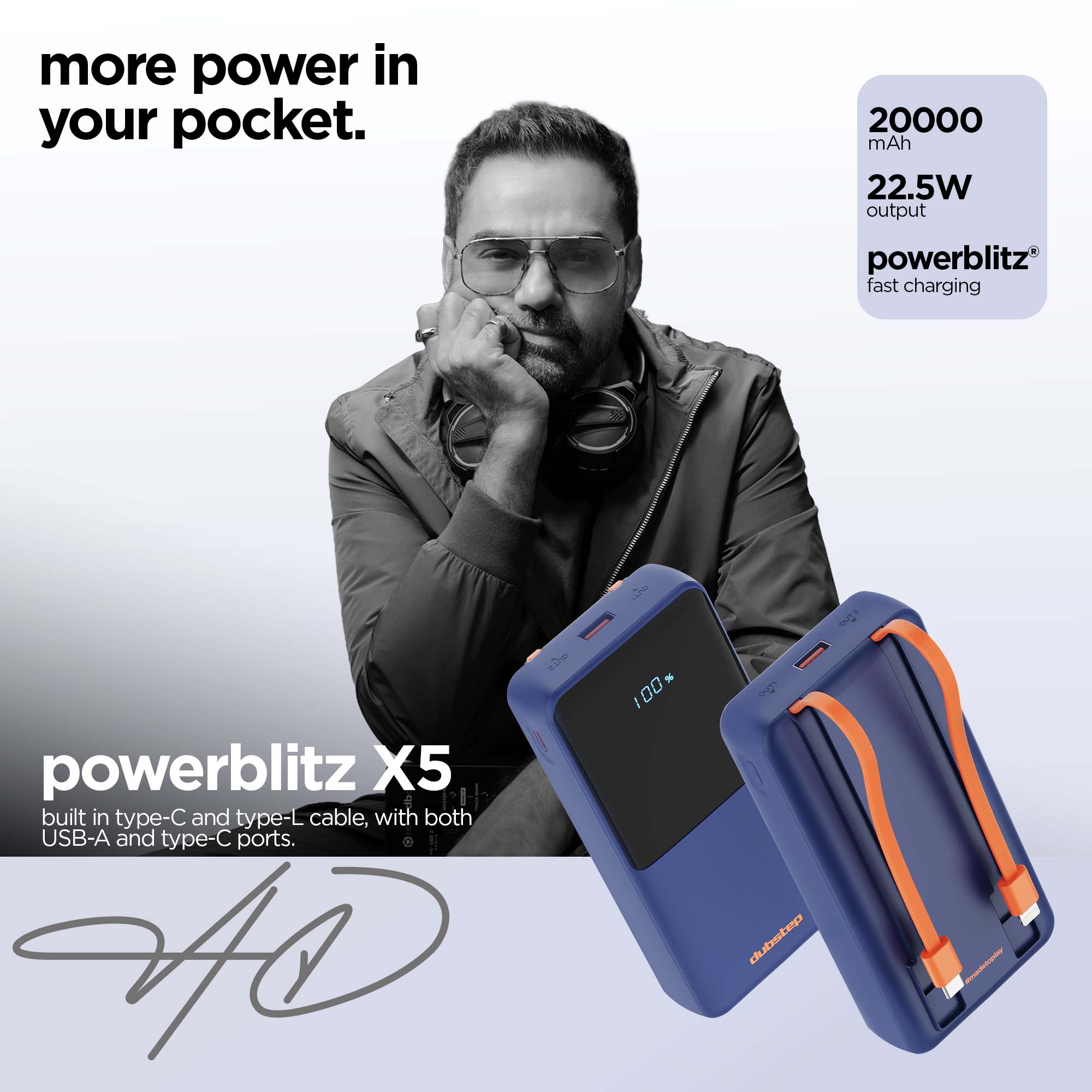 Powerblitz X5 built-in type-C and type-L cables, with both USB-A and type-C ports