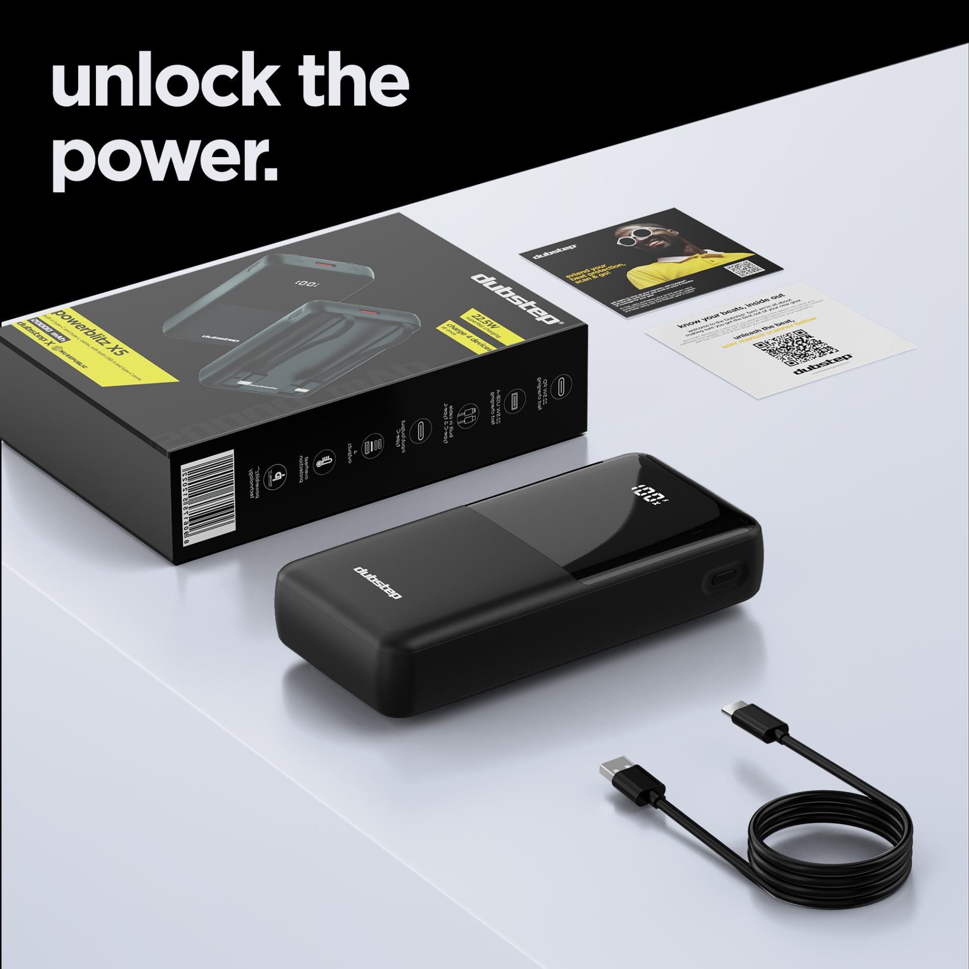 Powerblitz X5 built-in type-C and type-L cables, with both USB-A and type-C ports