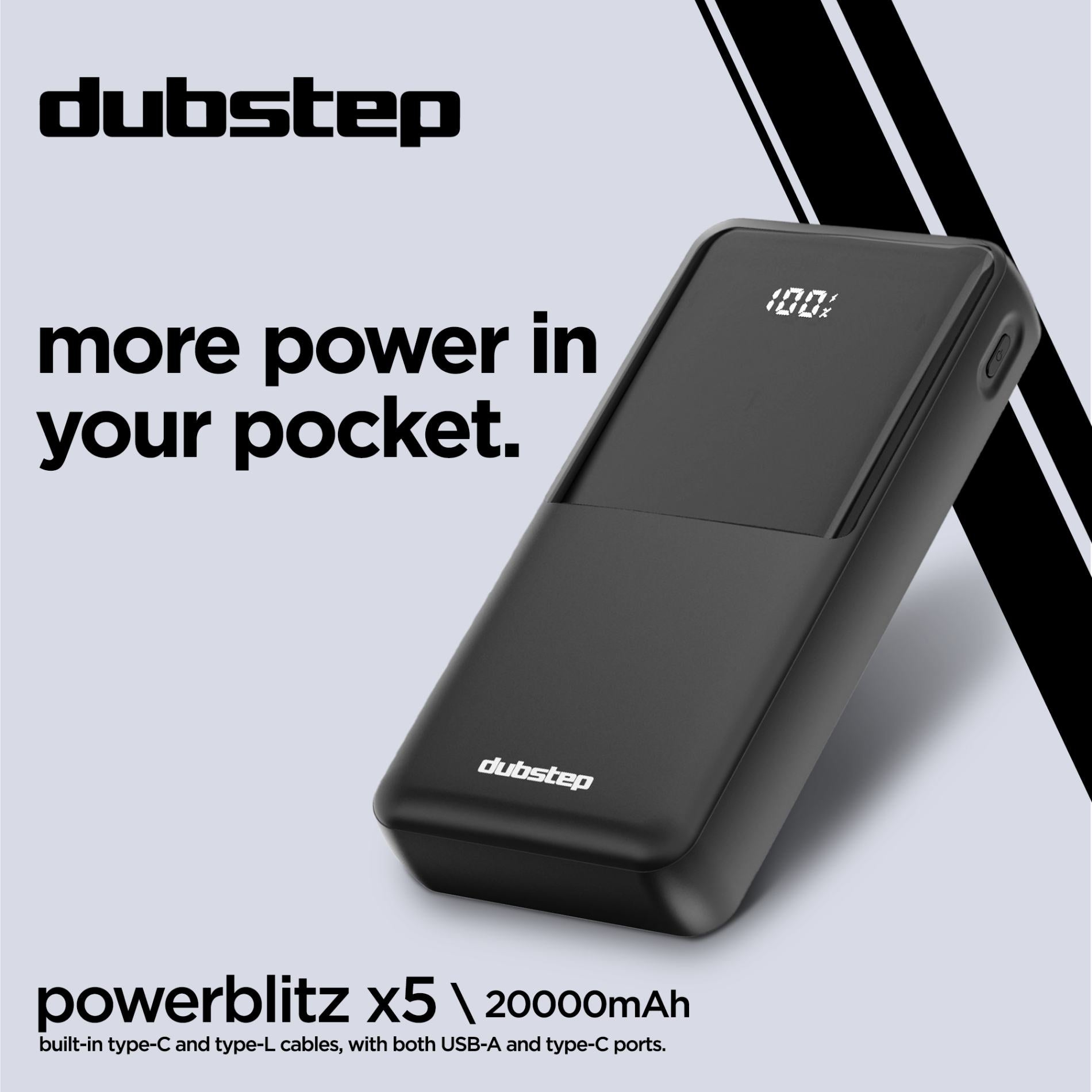 Powerblitz X5 built-in type-C and type-L cables, with both USB-A and type-C ports