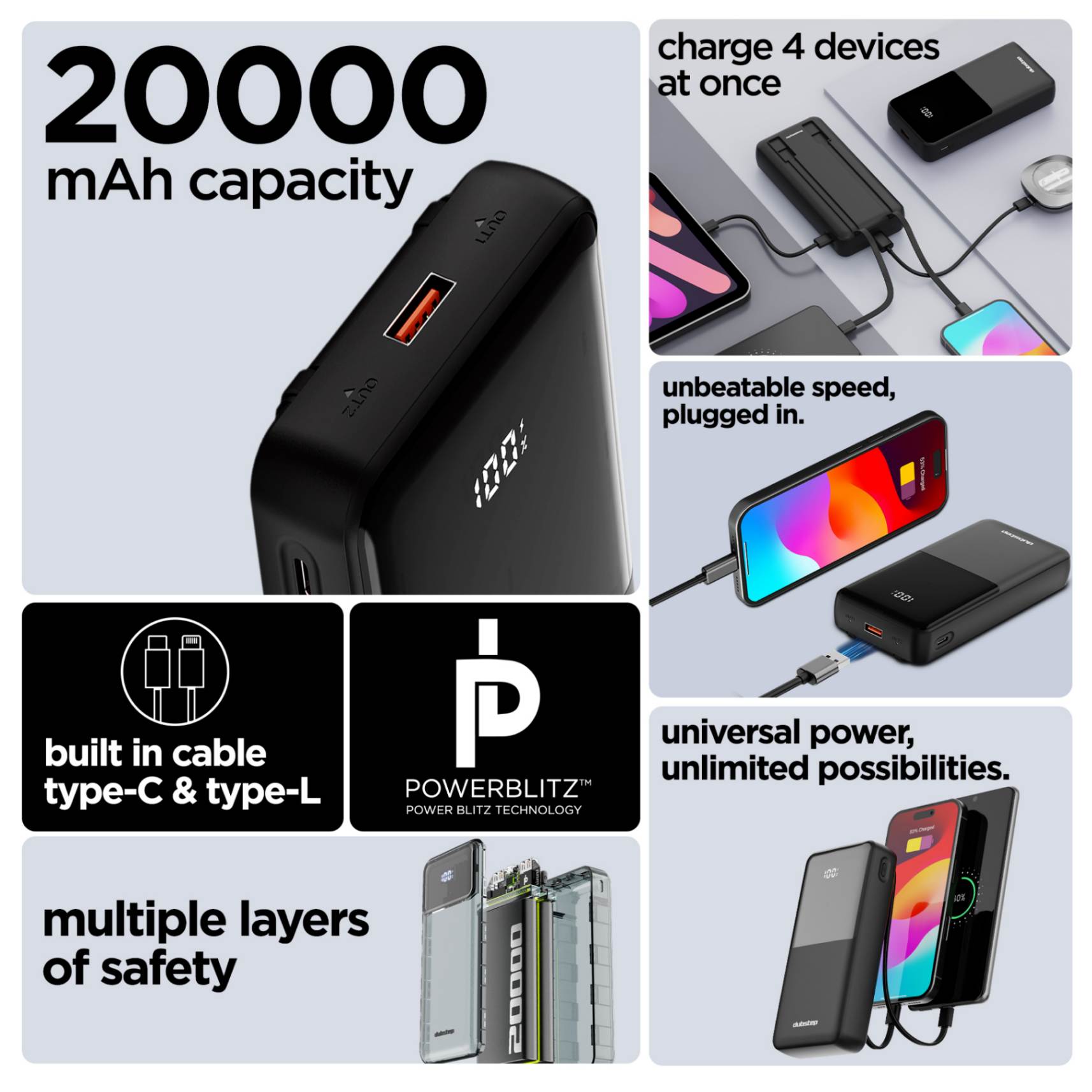 Powerblitz X5 built-in type-C and type-L cables, with both USB-A and type-C ports