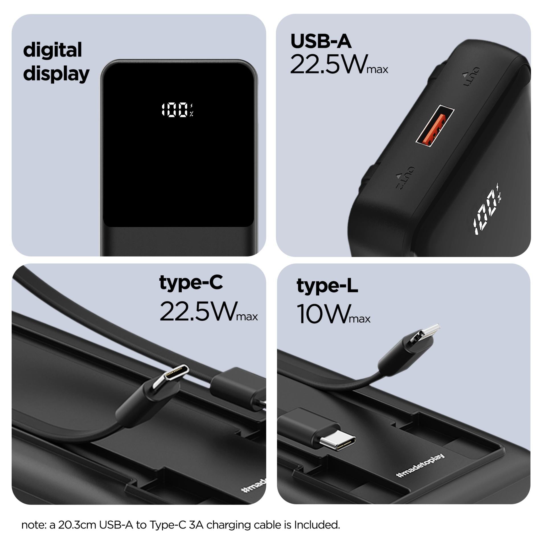 Powerblitz X5 built-in type-C and type-L cables, with both USB-A and type-C ports