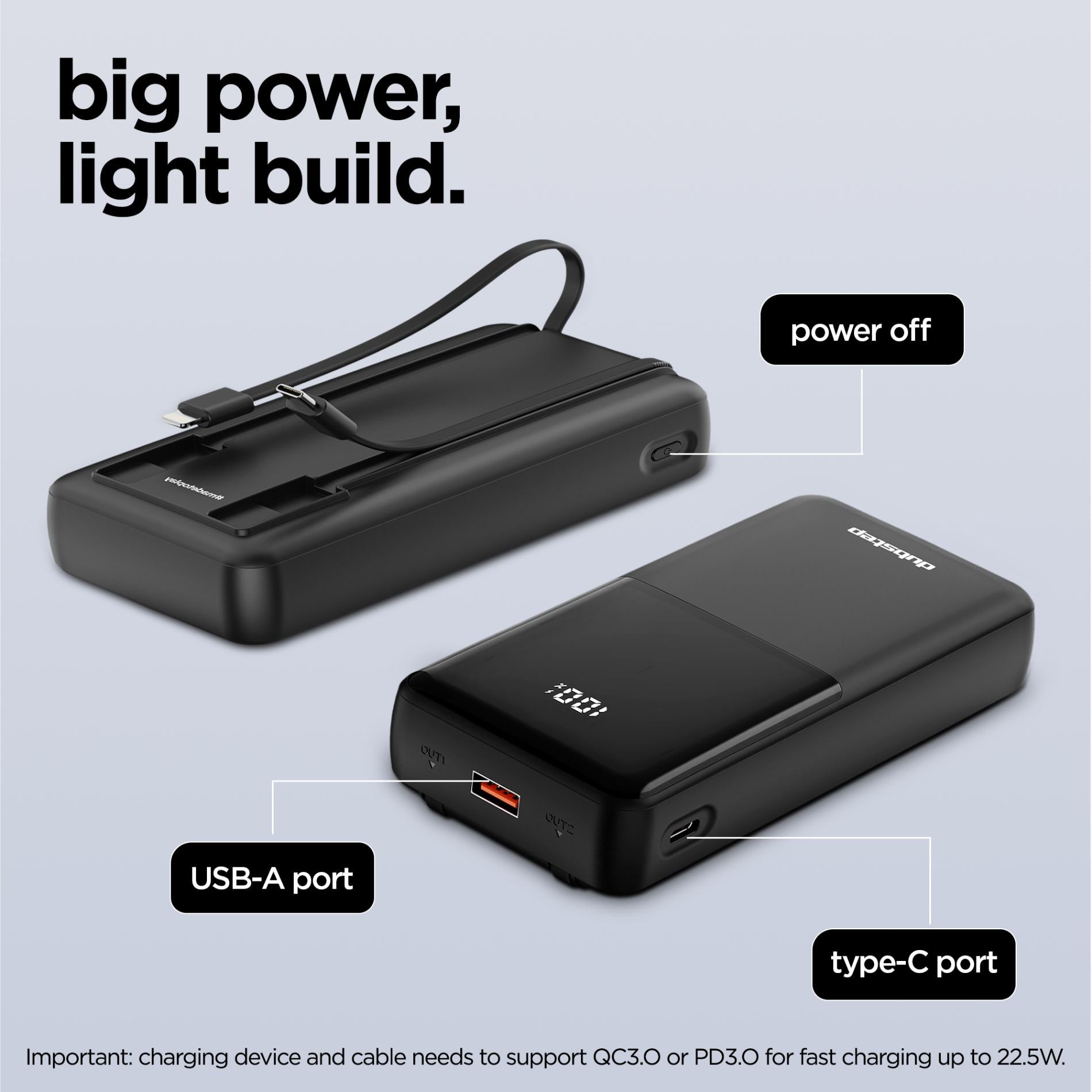 Powerblitz X5 built-in type-C and type-L cables, with both USB-A and type-C ports