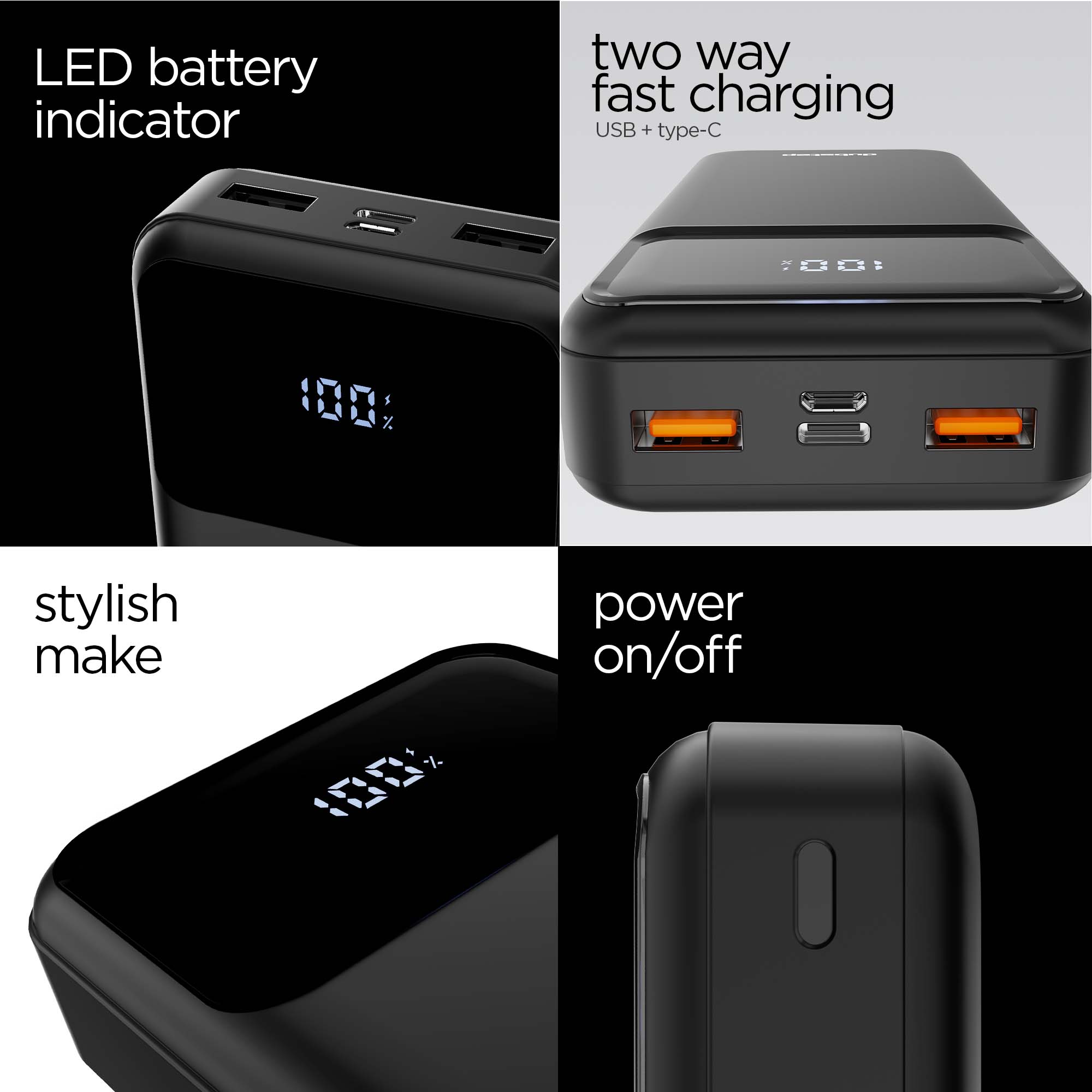 Powerblitz X4 multi-device charging powerbank with dual USB port & type-c