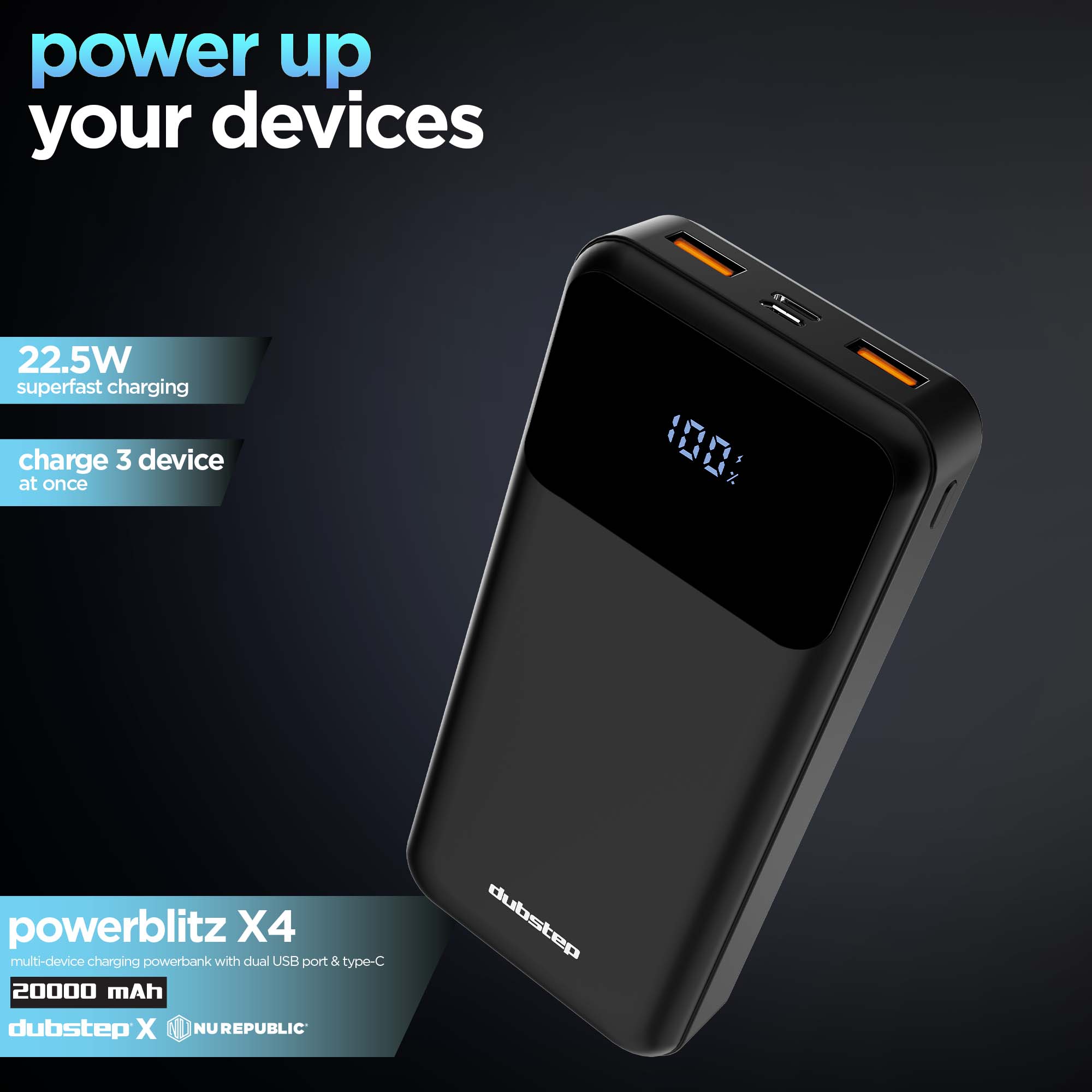 Powerblitz X4 multi-device charging powerbank with dual USB port & type-c