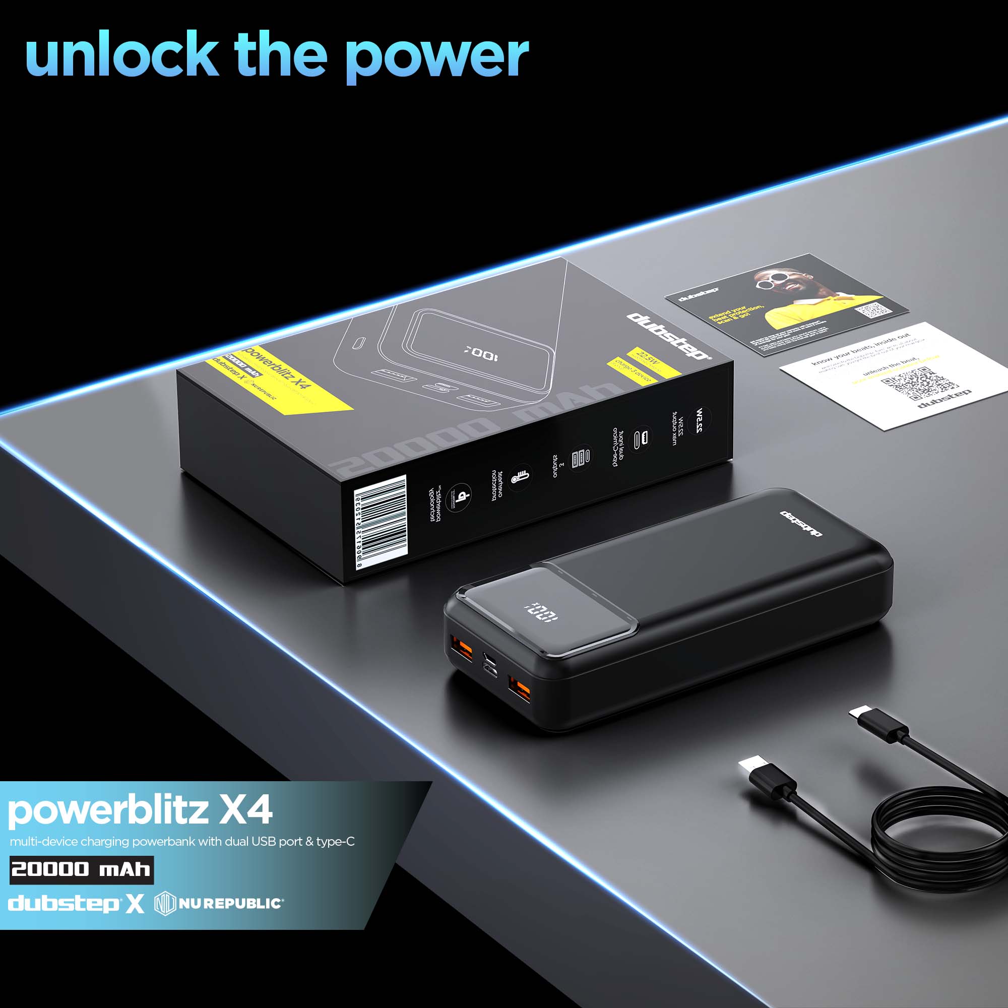 Powerblitz X4 multi-device charging powerbank with dual USB port & type-c