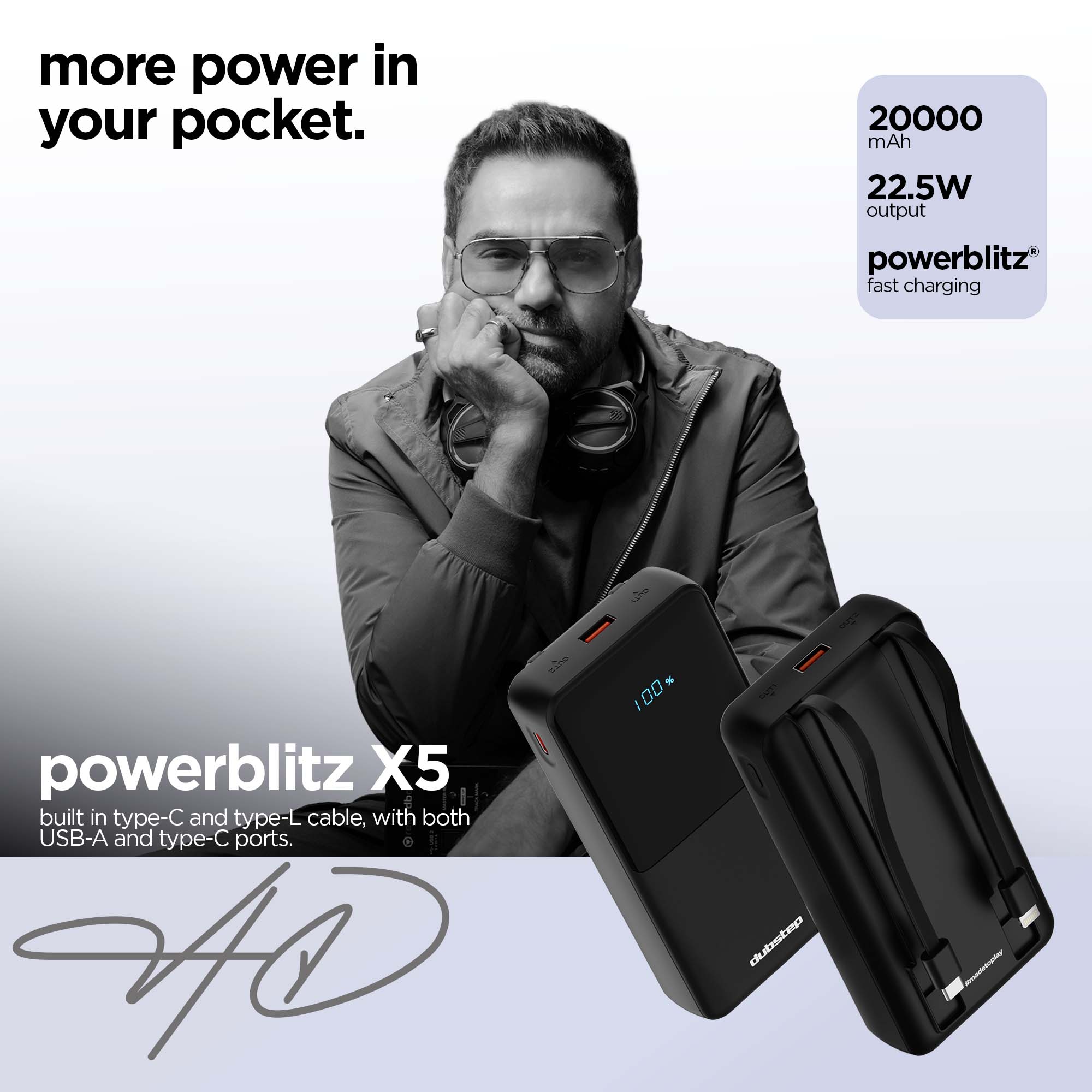 Powerblitz X5 built-in type-C and type-L cables, with both USB-A and type-C ports