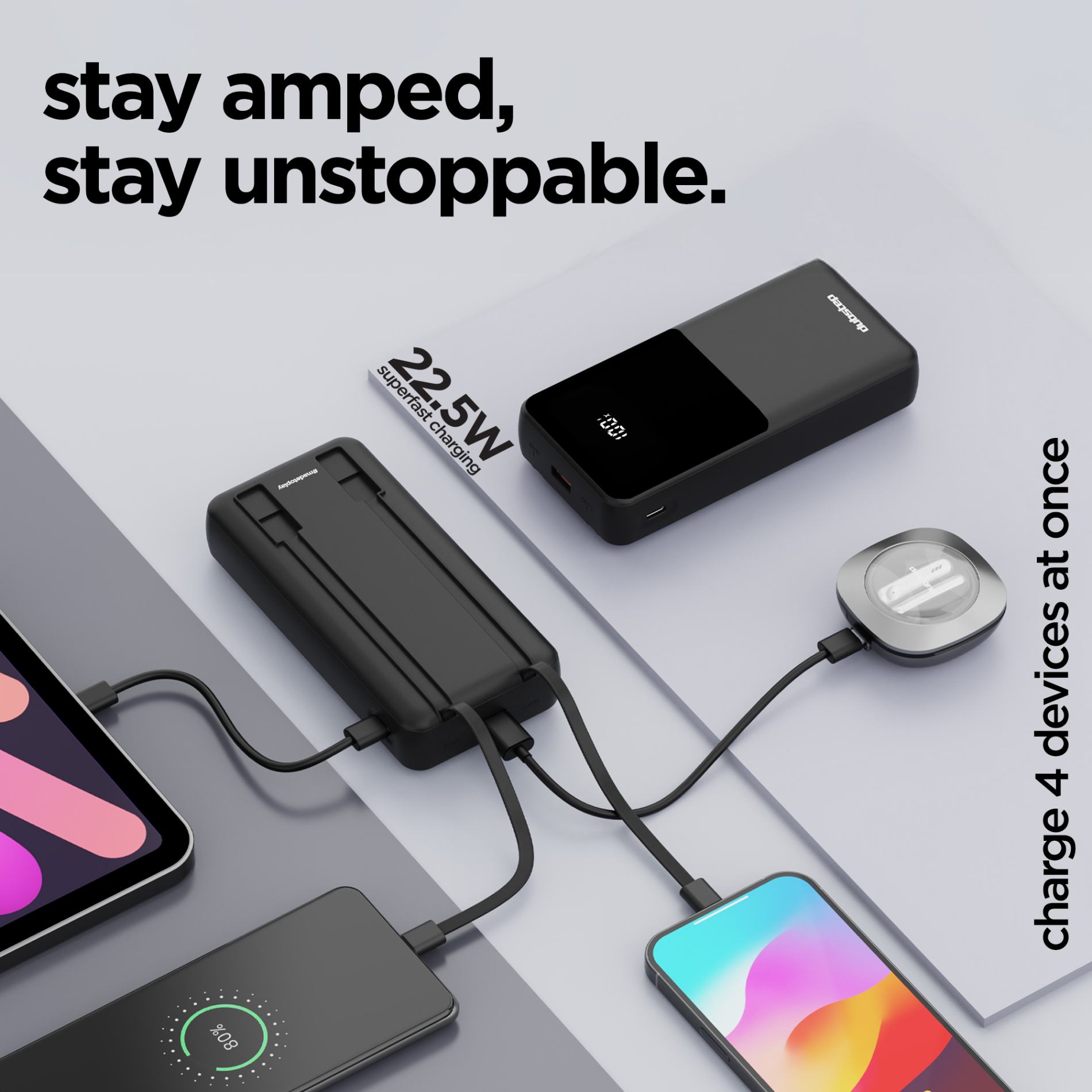 Powerblitz X5 built-in type-C and type-L cables, with both USB-A and type-C ports